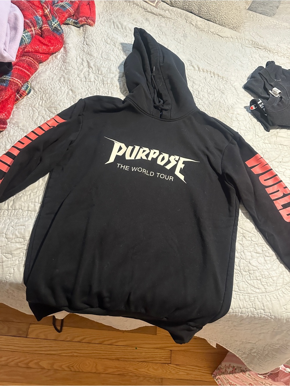 Justin Bieber Purpose The World Tour Black Hoodie with Red Sleeve Graphics
